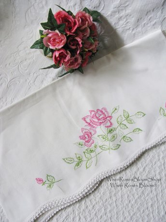 Vintage Pillowcases Pr  Crochet Lace Edges Pink Roses Trousseau NOS Shabby Chic Farmhouse Cottage Style WhenRosesBloom