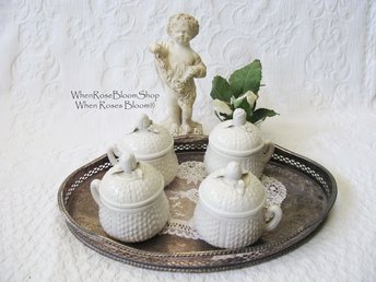 Vintage Pots de Creme  Set 4 White Creamware covered cup Shabby Chic Cottage Farmhouse Romantic Retro Mid Century Urban Style WhenRosesBloom
