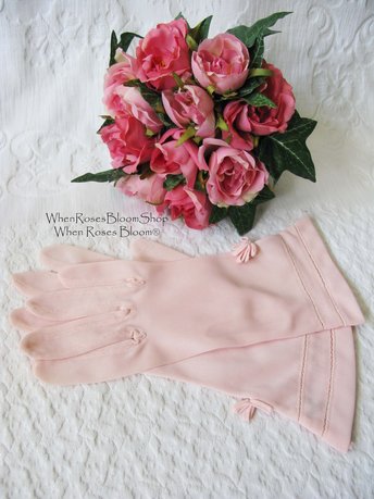 Vintage Pink Gloves Size 6.5 Wedding Tea Party Lunch Date Retro Mid Century Bridal Downton Retro Cosplay Free Ship  US When Roses Bloom