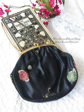 Vintage Black Purse Silk Brocade Mid Century Evening Retro Dance Cocktail Party  Chinese Japanese Oriental WhenRosesBloom