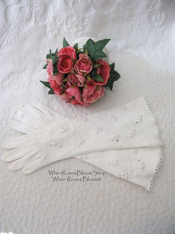 Vintage White Gloves Long Eyelet Embroidery Retro Mid Century Wedding Bride  Free Ship US Downton Austen Titanic Cosplay    When Roses Bloom