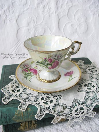 Vintage Footed Tea Cup Pink Carnation Floral Japan Mid Century TeaTime January Birthday Gift Victoria Downton Abbey Tea Cottage Shabby Chic