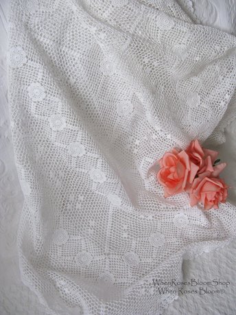 White Crochet Square Tablecloth Vintage Wedding Tea Party Linen Shabby Chic Victoria Cottage Granny chic  Farmhouse Style WhenRosesBloom