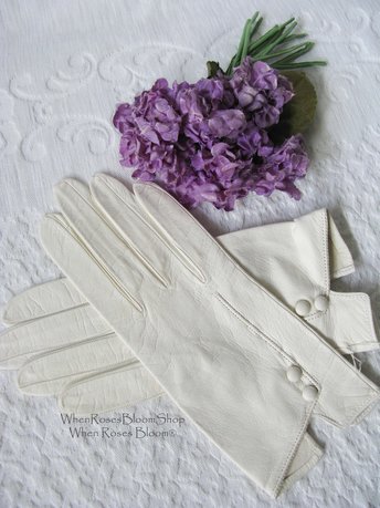 White Gloves French Leather Sz 6 1/2 Vintage Retro Wedding Bride Tea NOS Downton Gatsby Miss Fisher Cosplay Free Ship  US When Roses Bloom