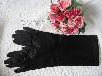 Vintage Gloves Black Sz 6 1/2 Faux Leather Vegan Fabric Matinee Classic Mid Century Mod Cocktail Party Style Free Ship US WhenRosesBloom
