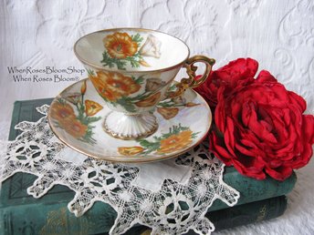 August Birthday Tea Gift Vintage Tea Cup Footed Japan  Yellow Poppy Ucago Mid Century Tea Downton Abbey Cottage Shabby Chic WhenRosesBloom