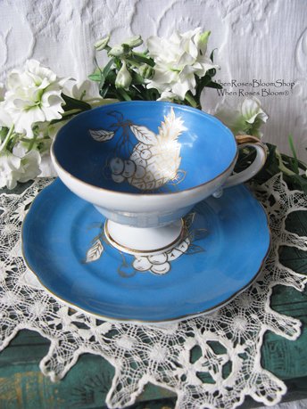 Tea Cup Footed Turquoise Blue w/ Gold Fruit Decoration Japan Retro Vintage TeaTime Gift Mid Romantic Shabby Chic Cottage Tea WhenRosesBloom