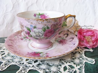 Tea Cup Pink Roses Footed Japan Vintage Downton Tea Time Gift Cottage Shabby Chic Mid Century Tea Style  WhenRosesBloom
