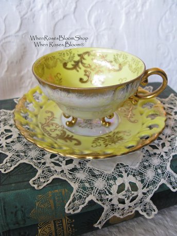 Vintage Tea Cup Royal Sealy Yellow Footed Gold Raised Paste decoration Tea Party Cottage Shabby Chic Downton Edwardian Tea  WhenRosesBloom