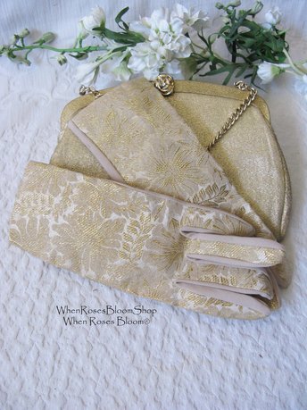 Gold Purse and Gloves Sz 7 to 8 Vintage Retro Mid Century Dance Tea Party Audrey Hepburn Atomic 60s 70s Cosply When Roses Bloom