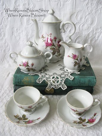 Vintage Tea Moss Rose Child Tea Set Demitasse Tea Pot Cups Vintage Retro Tea Time Gift Play Toy Tea Set  Mid Century Japan WhenRosesBloom