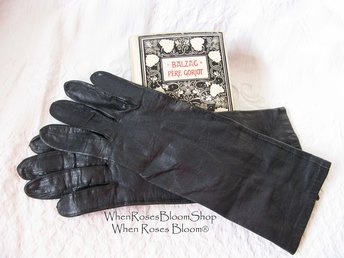 Black Leather Gloves Sz 7.5 Vintage Van Raalte Downton Steampunk Victorian Austen Miss Fisher Cosplay Style Free Ship in USA WhenRosesBloom