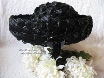 Black Hat 60s Summer Straw English Breton Vintage Mid Century Retro Party Tea Party Garden Party That Girl  60s Style Retro  WhenRosesBloom