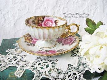 Vintage Teacup Pink Floral Footed Gold Japan Fancrest Elegant Mid Century Tea Gift Victoria Downton Tea Cottage Shabby Chic WhenRosesBloom