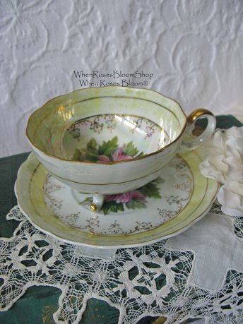 Tea Cup Footed Yellow Pink Floral Japan lusterware Retro Vintage Tea Party Mid Century Cottage Shabby Chic Farmhouse   WhenRosesBloom