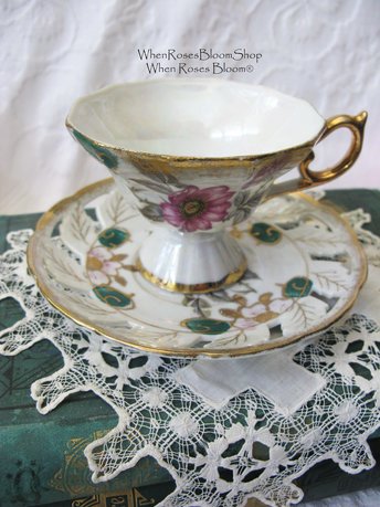 Tea Cup Pink Green Floral Roses Footed Japan Vintage Retro Tea Time Gift Mid Century Shabby Chic Afternoon Tea Party  WhenRosesBloom