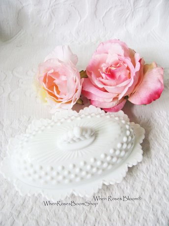 Fenton Butter Dish Milk Glass White Hobnail with label Mid Century Shabby Romantic Farmhouse WhenRosesBloom