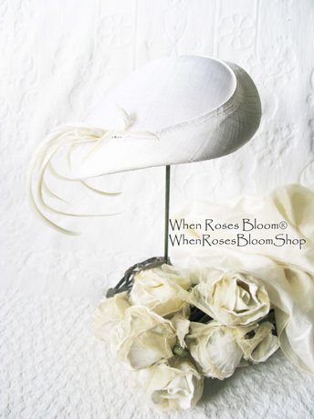 Vintage Hat White Fascinator Cocktail Tea Party Wedding Bridal Art Deco Gatsby Hat w/Feathers Mid Century WhenRosesBloom