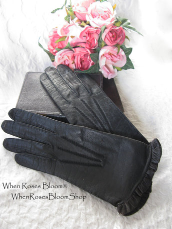 Black Gloves Sz 6 Kid Leather Ruffle Vintage Downton Miss Fisher Elegant Steampunk Cosplay Mid Century Harzfeld FREE Ship US  WhenRosesBloom