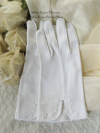 Vintage white gloves cotton fabric with rose embroidery detail short at the wrist When Roses Bloom®