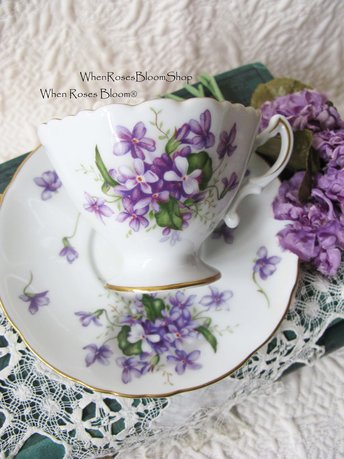 Vintage Violet Footed Teacup Rossetti China Purple violets with fancy handle and gold trim When Roses Bloom® 