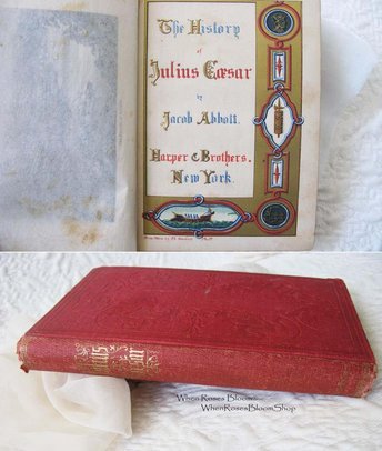 Red Book Vintage Rare Classic History of Julius Caesar circa 1849 Decorative Library Gift Art Nouveau Graphic Cover Engraving WhenRosesBloom