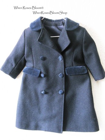 Vintage French Child Size 2 Navy Blue Wool Coat Classic Double Breasted Style Velvet Collar Gender Neutral Classic English WhenRosesBloom
