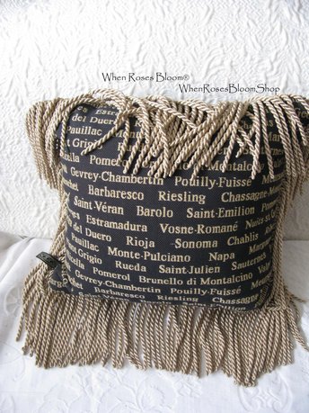 Vintage Pillow Tapestry Fringe Wine names accent pillow Elegant Shabby Chic Farmhouse Cottage Style WhenRosesBloom
