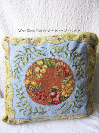 Vintage Needlepoint accent pillow with Fruit pattern Elegant Shabby Granny chic European Southern Farmhouse Cottage Style WhenRosesBloom