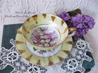 Tea Cup Footed Yellow Gold Lilacs Lily Valley Decoration Japan Retro Vintage Tea Time Gift Romantic Shabby Chic Cottage Tea WhenRosesBloom
